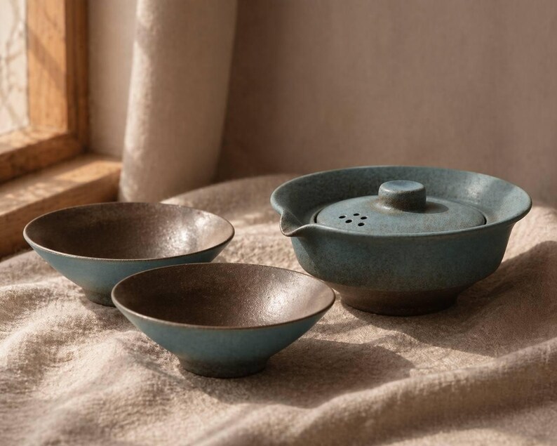 May include: A ceramic tea set with a teal and brown speckled glaze. The set includes a teapot with a lid and two small bowls. The teapot has a spout and a handle. The bowls are round and have a contrasting brown interior.