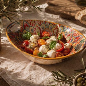 Puede incluir: Un cuenco ovalado y colorido lleno de una ensalada Caprese fresca. El cuenco presenta un diseño detallado y estampado en rojo, amarillo y azul. La ensalada incluye bolas de mozzarella, tomates cherry y hojas de albahaca.