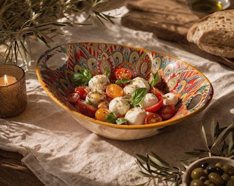 Ręcznie robiona ceramiczna miska do serwowania, kolorowa miska na sałatkę, duże naczynie dekoracyjne, centralny element stołu w stylu boho, wyjątkowy prezent na parapetówkę