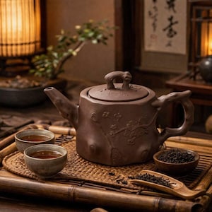 May include: A brown ceramic teapot with a lid and a branch-shaped handle, accompanied by two small teacups filled with tea. The teapot has a floral design and sits on a bamboo tray with a small bowl of tea leaves.
