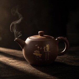 Könnte beinhalten: Eine braune Keramik-Teekanne mit Deckel, Ausguss und Henkel. Die Teekanne hat goldfarbene chinesische Schriftzeichen und ein Lotusblumen-Design. Dampf steigt aus dem Ausguss auf, was auf heißen Tee hindeutet. Die Teekanne steht auf einer Holzoberfläche.