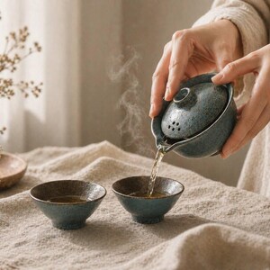 May include: A person pouring tea from a speckled blue ceramic tea set into two matching small bowls. The tea set includes a lidded teapot with a spout and a handle. The tea is a light amber color, and steam rises from the teapot.