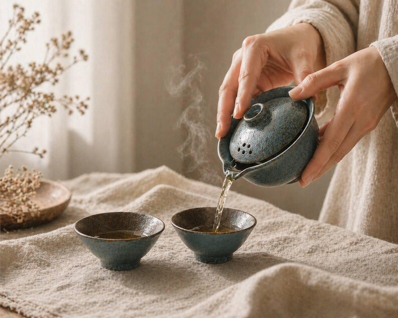 May include: A person pouring tea from a speckled blue ceramic tea set into two matching small bowls. The tea set includes a lidded teapot with a spout and a handle. The tea is a light amber color, and steam rises from the teapot.