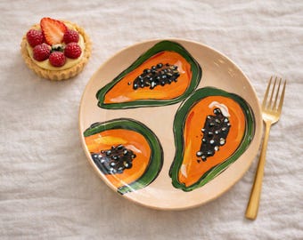 Papaya Plate | Hand Painted Ceramic Dessert Plate | Tropical Fruit Plate | Colorful Kitchen Decor | Unique Handmade Gift