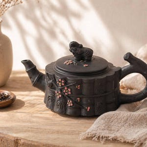 May include: A black ceramic teapot with a sculpted handle and lid, adorned with floral and animal details. The teapot is set on a wooden surface, with a small bowl of tea leaves and a vase of dried flowers in the background.