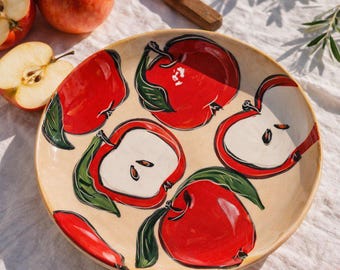 Ceramic Plate Handmade – Hand Painted Apple Plate – Fruit Dessert Plate – Cottagecore Kitchen Decor – Handmade Pottery Dish 20 cm