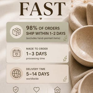 Może przedstawiać: Grafika informacyjna z beżowymi i szałwiowymi prostokątnymi panelami z ciemnobrązowym tekstem. Tekst brzmi: READY TO SHIP FAST, 98% OF ORDERS SHIP WITHIN 1-2 DAYS, MADE TO ORDER 1-3 DAYS processing time, DELIVERY TIME 5-14 DAYS worldwide.