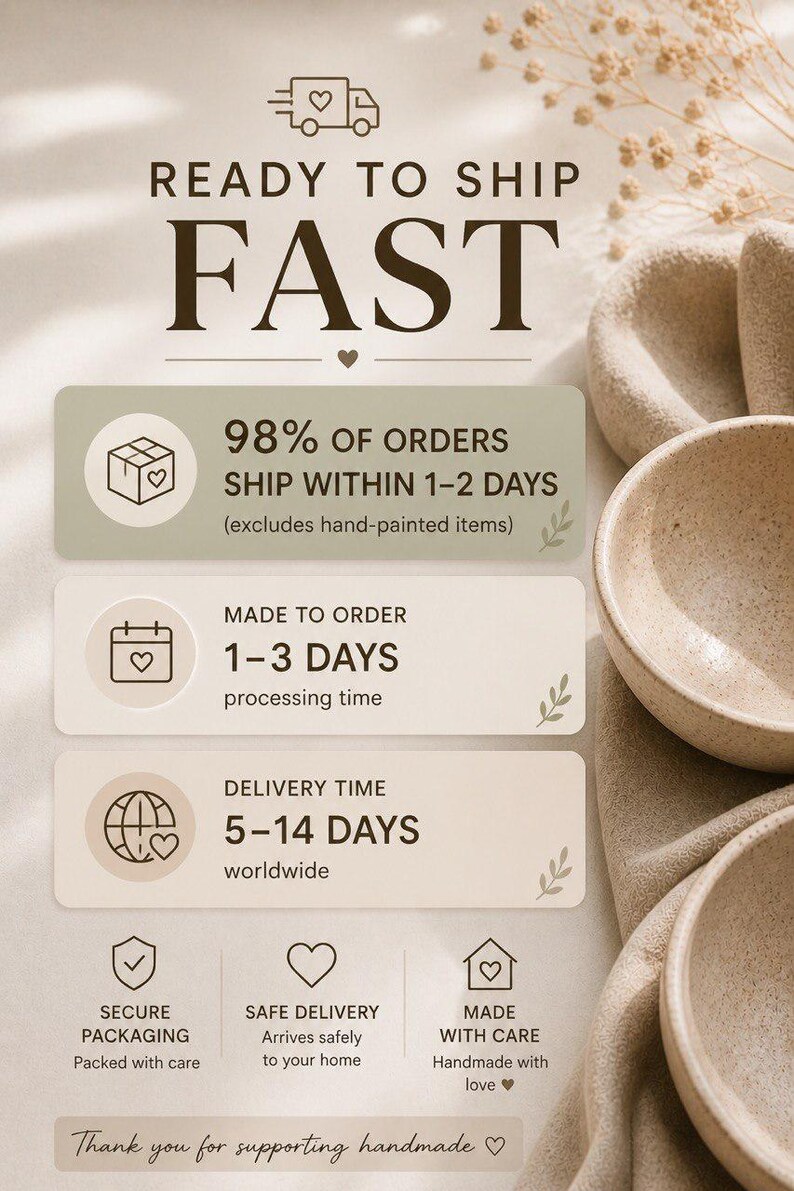 Może przedstawiać: Grafika informacyjna z beżowymi i szałwiowymi prostokątnymi panelami z ciemnobrązowym tekstem. Tekst brzmi: READY TO SHIP FAST, 98% OF ORDERS SHIP WITHIN 1-2 DAYS, MADE TO ORDER 1-3 DAYS processing time, DELIVERY TIME 5-14 DAYS worldwide.