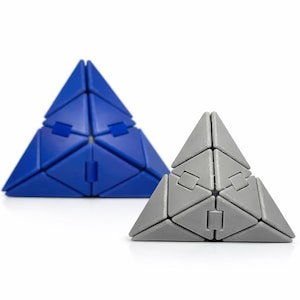 May include: Two geometric pyramid puzzles. One is blue, the other is gray. Each pyramid is composed of smaller triangular pieces that interlock. The puzzles are designed to be solved by rearranging the pieces.