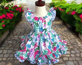 Vestido floral de algodón con volantes para niña, talla 3 T, hecho a mano, estilo vintage, mangas con vuelo y lazo en la espalda, ideal para cumpleaños o sesión de fotos.
