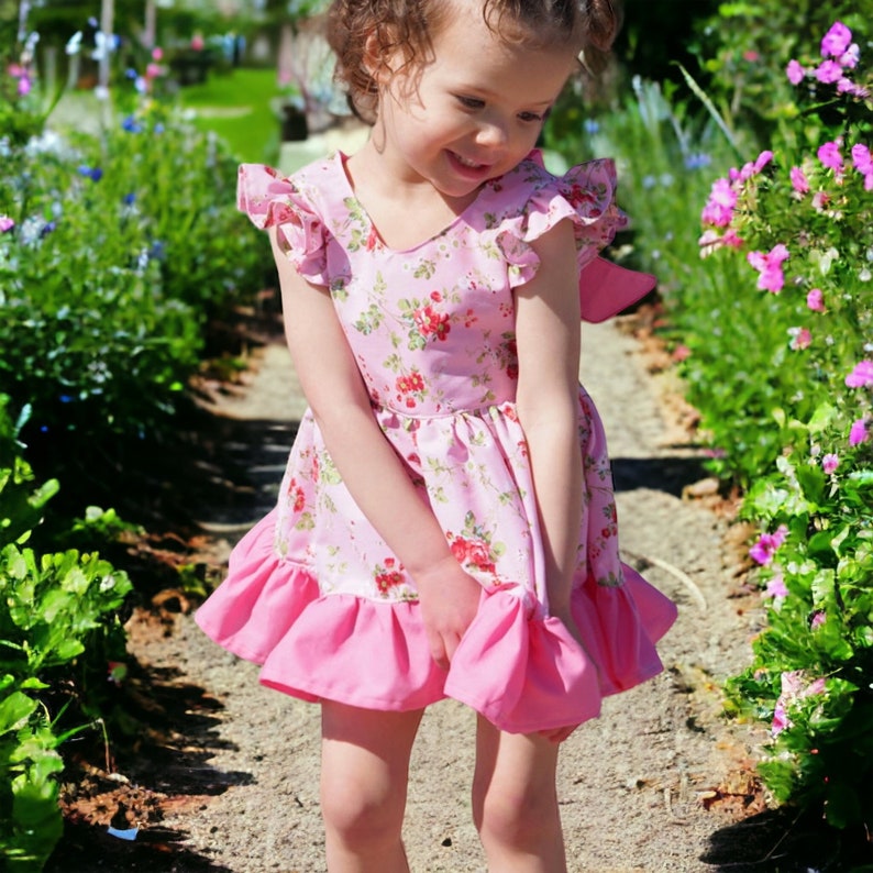 Pink floral Island Dress tie back ruffle cap sleeve, vintage length size 3 image 1