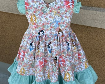 Disney Princess island dress, vintage length, ruffle sleeves, pink green Made to Order