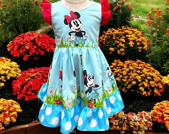 Disney Minnie Mouse sassy border print daisy ruffle sleeve bow