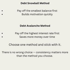 May include: A beige graphic detailing debt repayment methods. It features the text "CHOOSE YOUR PAYOFF METHOD" and explains the Debt Snowball and Debt Avalanche approaches, highlighting consistency.