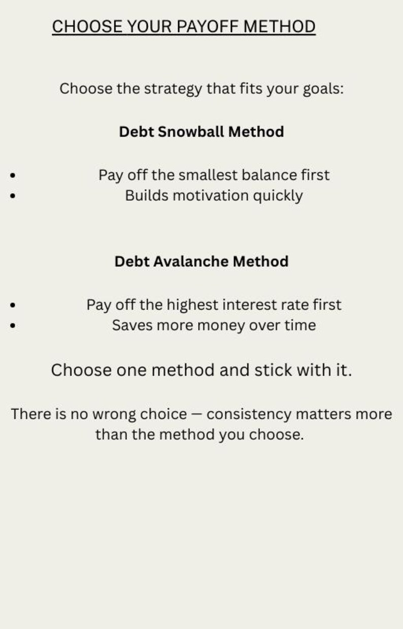 May include: A beige graphic detailing debt repayment methods. It features the text "CHOOSE YOUR PAYOFF METHOD" and explains the Debt Snowball and Debt Avalanche approaches, highlighting consistency.
