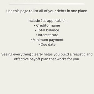 May include: A digital page titled "DEBT OVERVIEW" with text instructing users to list debts. Includes sections for creditor name, total balance, interest rate, minimum payment, and due date. The page is designed to help build a payoff plan.