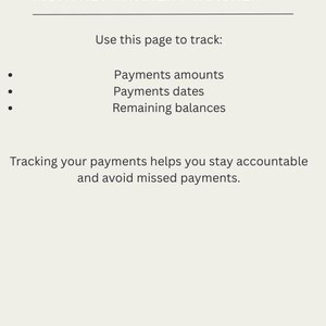 May include: A beige page with the text "MONTHLY PAYMENT TRACKER." The page lists "Payments amounts," "Payments dates," and "Remaining balances" to track. The text encourages users to stay accountable and avoid missed payments.