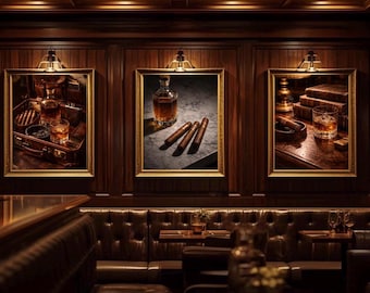 ウイスキーのウォールアート3枚セット（印刷可能）、バーボン装飾セット、葉巻のウォールアート、男の隠れ家バーの装飾、ヴィンテージ紳士アート、男性へのウイスキーギフト