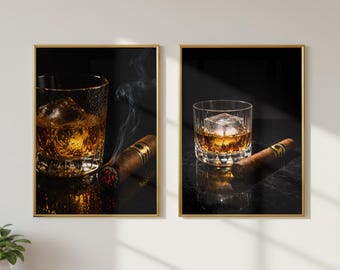 Juego de 2 láminas decorativas de whisky y puros, paquete de láminas de vasos de bourbon, decoración para fumadores de puros, arte minimalista para bar, decoración para cueva de hombre, regalo para él.
