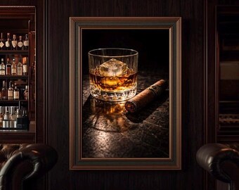 Lámina decorativa para pared con diseño de whisky y puros, lámina con diseño de vaso de bourbon, decoración para cueva de hombre, arte para carrito de bar, decoración masculina para el hogar, regalo para amantes del whisky.