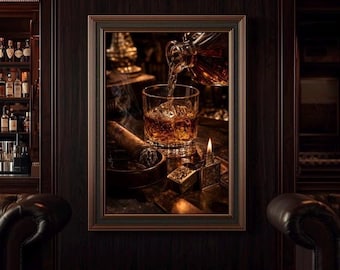 ウイスキーのウォールアートプリント、シガーラウンジの装飾、バーボンのプリント、男性的なホームデコレーション、バーカートのアートワーク、ヴィンテージのアルコール写真、男の隠れ家
