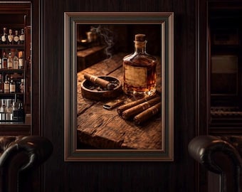 ウイスキーボトルのウォールアートプリント、バーボン装飾、葉巻のウォールアート、男の隠れ家装飾、素朴なバーのウォールアート、ウイスキーの静物画プリント