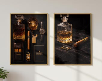 Juego de 2 láminas decorativas de lujo con temática de whisky, ideales para imprimir. Paquete de decoración para caballeros. Obras de arte con motivos de bourbon y puros. Decoración para la cueva del hombre. Decoración para carrito de bar. Estilo masculino para el hogar.