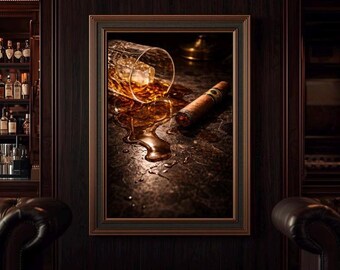 Lámina decorativa imprimible con diseño de derrame de whisky, lámina con forma de vaso de bourbon, decoración de puros, arte para la cueva del hombre, obra de arte para carrito de bar, regalo para amantes del whisky, decoración masculina para el hogar.