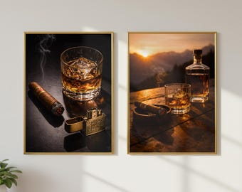 ウイスキーと葉巻のウォールアート2枚セット、バーボンプリントデコレーション、男の隠れ家ウォールアートバンドル、バーカートアートワーク、男性的なホームデコレーション、ウイスキー愛好家