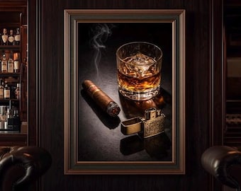 ウイスキーと葉巻のウォールアート（印刷可能）、スコッチグラスプリント、男の隠れ家装飾、バーボンバーアート、男性的なホームデコレーション、葉巻ラウンジポスター