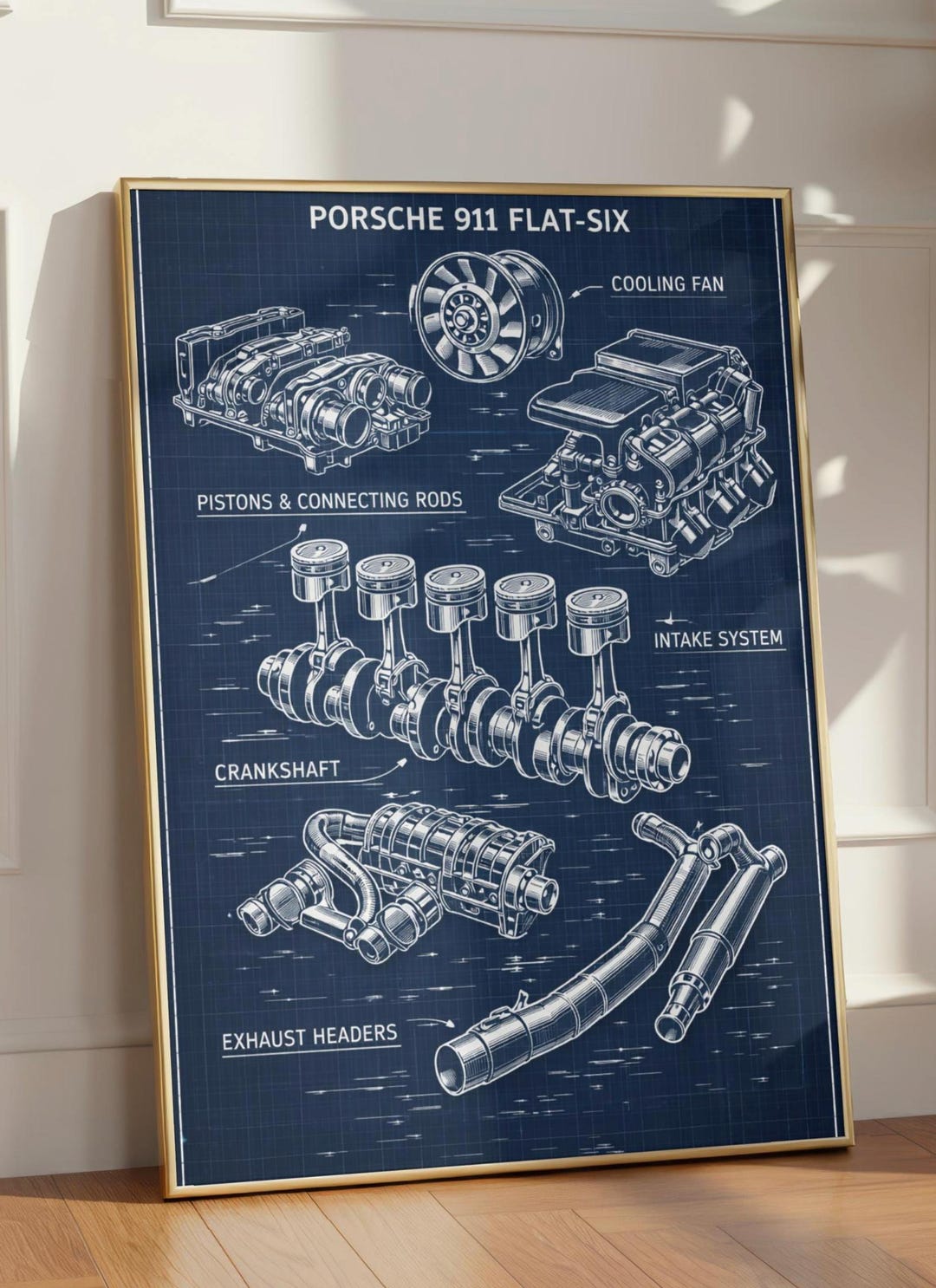 Porsche 911 Engine Blueprint Wall Art Printable, Flat Six Engine ...