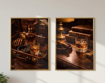 ウイスキーのウォールアート2枚セット（印刷可能）、バーボン装飾バンドル、葉巻と書斎のウォールアート、男の隠れ家バーの装飾、ヴィンテージ紳士アート、ウイスキーギフト
