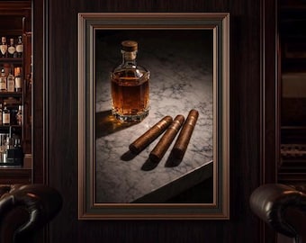 ウイスキーのウォールアート（印刷可能）、バーボンボトルと葉巻の装飾、ミニマリストなバーアート、モダンな男の隠れ家の装飾、ウイスキー好きへのギフト、男性的なウォールアート