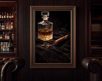 Lámina decorativa para pared con diseño de decantador de whisky, decoración de lujo para amantes del bourbon, obra de arte para aficionados a los puros, decoración para la cueva del hombre, decoración para carrito de bar, decoración masculina para el hogar.