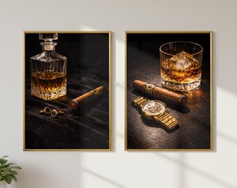 Juego de 2 láminas decorativas imprimibles con motivos de whisky, decoración de lujo para bourbon, arte de pared para puros y relojes, decoración para la cueva del hombre, decoración para carrito de bar, decoración masculina para el hogar.