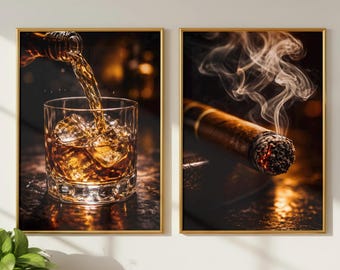 Conjunto de láminas decorativas de whisky y puros para pared, decoración masculina para bar en casa, láminas para cueva de hombre, póster oscuro y sofisticado para salón, descarga instantánea.