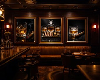Juego de 3 láminas decorativas de whisky y puros, paquete de láminas de bourbon, decoración para cueva de hombre, arte de pared de lujo para bar, decoración de pared masculina, regalo para él.