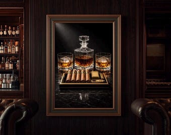 Lámina decorativa para pared con diseño de decantador de whisky, lámina con diseño de bandeja para bourbon y puros, decoración para cueva de hombre, arte para carrito de bar, arte mural masculino, decoración de lujo para bar en casa.