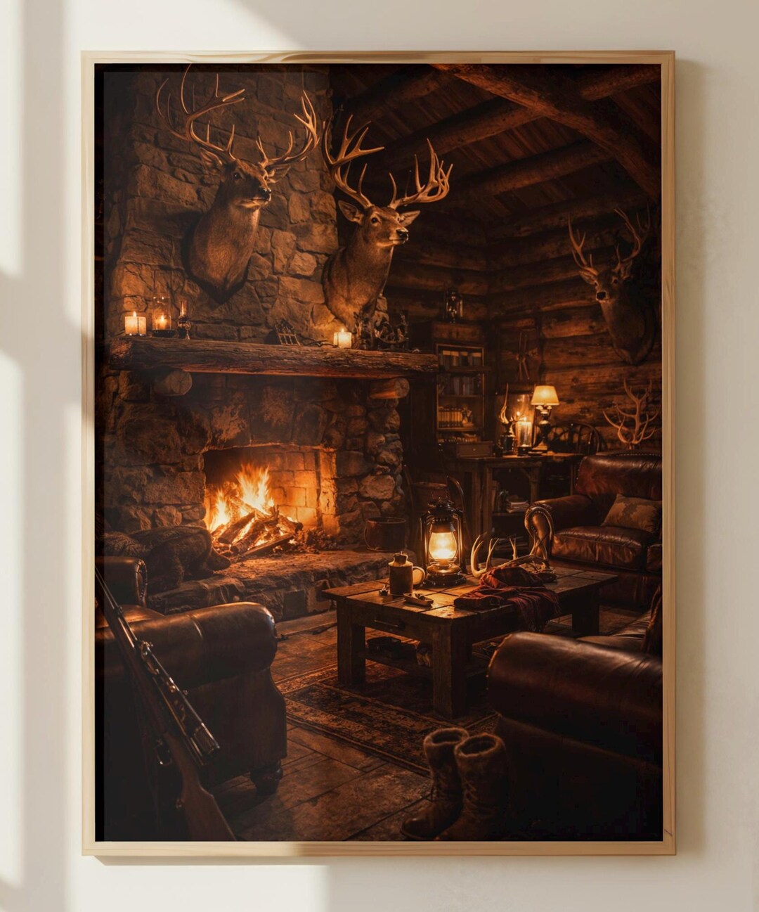 Hunting Lodge Wall Art Printable, Rustic Cabin Fireplace Decor, Deer ...