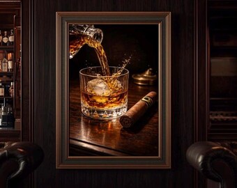 Lámina decorativa para pared con diseño de vertido de whisky, lámina con forma de vaso de bourbon, decoración para puros, arte para la cueva del hombre, decoración para carrito de bar, regalo para amantes del whisky, decoración masculina para el hogar.
