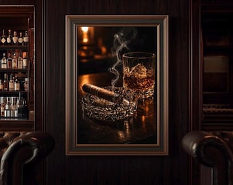 ウイスキーのウォールアート（印刷可能）、葉巻のウォールアート、バーボンの装飾、男の隠れ家の装飾、ウイスキーグラスのプリント、バーカートの装飾、男性へのギフト、メンズウォールアート
