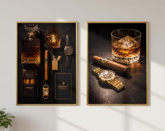 Juego de 2 láminas decorativas de lujo con temática de whisky, ideales para imprimir. Paquete de decoración para caballeros. Obras de arte con motivos de bourbon y puros. Decoración para la cueva del hombre. Lámina con diseño de reloj y whisky.