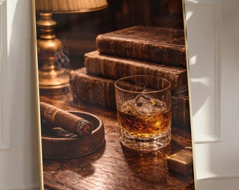 ウイスキーのウォールアートプリント、バーボンライブラリーの装飾、葉巻の本をモチーフにしたプリント、ヴィンテージ風の書斎の壁アート、男の隠れ家オフィスの装飾、ウイスキー愛好家