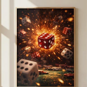 Póster de pared con dados explosivos, decoración de casino, póster para sala de juegos de Las Vegas (descarga digital)