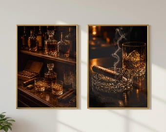 ウイスキーのウォールアート2枚セット（印刷可能）、シガーラウンジの装飾、男の隠れ家の壁アート、バーボンプリントセット、バーカートの装飾、男性へのギフト、ウイスキーの美学