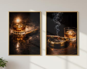 Juego de 2 láminas decorativas de whisky y puros para pared, lámina con diseño de vaso de bourbon ahumado, cenicero para puros, decoración para la cueva del hombre, arte para carrito de bar, decoración masculina para el hogar.