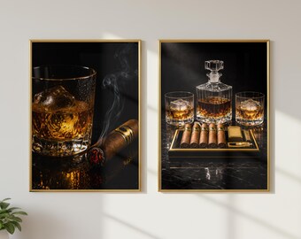 Juego de 2 láminas decorativas de whisky y puros, paquete de láminas de bourbon, decoración para cueva de hombre, arte de pared de lujo para bar, decoración de pared masculina, regalo para él.