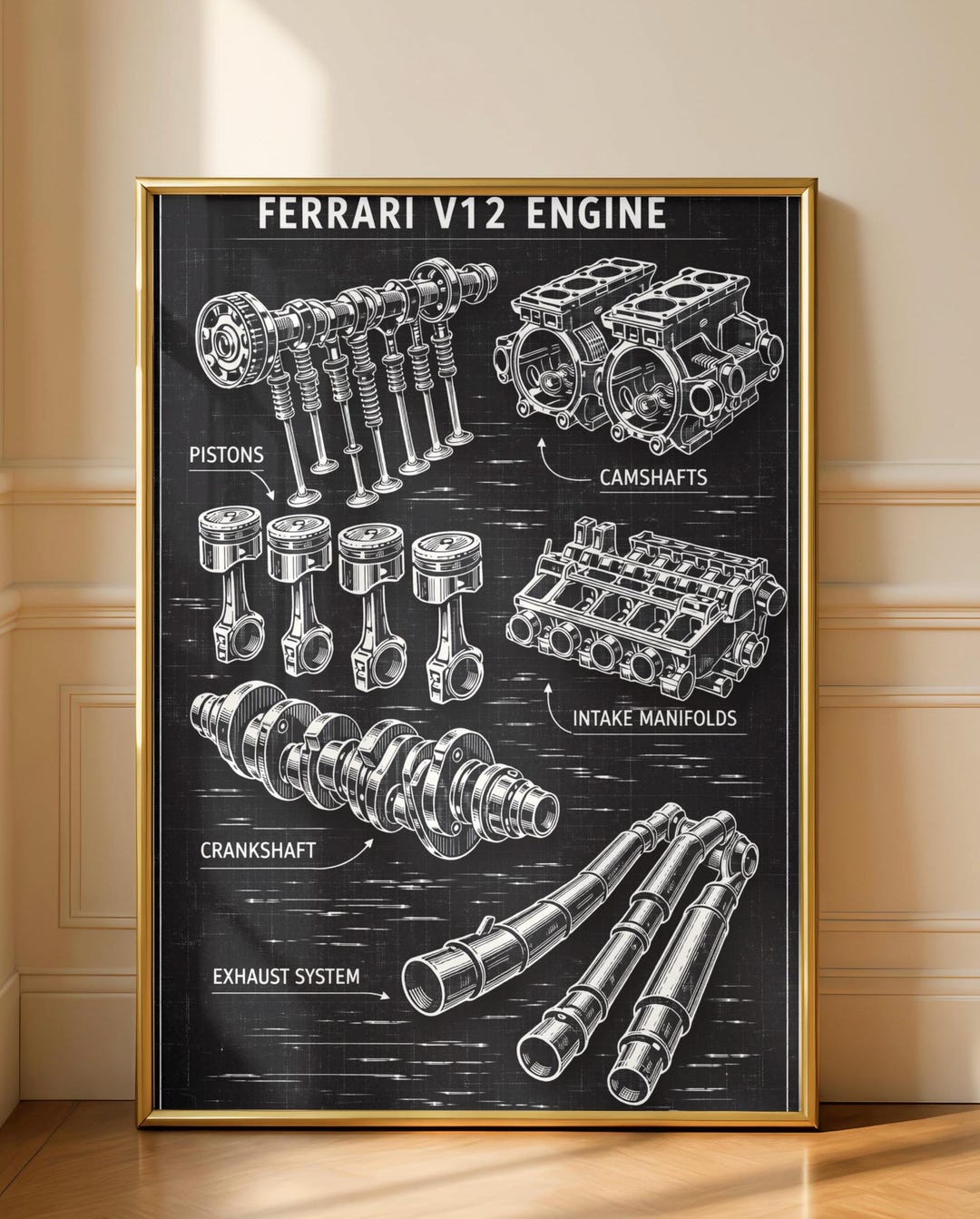 Ferrari V12 Engine Blueprint Wall Art Printable, Ferrari Engine Diagram ...