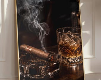 ウイスキーと葉巻のウォールアートプリント、バーボングラスの装飾、男の隠れ家の壁アート、ウイスキープリント、葉巻の煙のアートワーク、バーの装飾、男性へのギフト