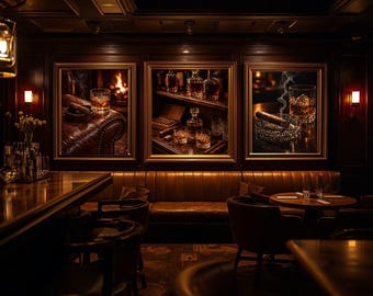 ウイスキーのウォールアート3枚セット（印刷可能）、シガーラウンジの装飾、男の隠れ家の壁アート、バーボンプリントセット、ホームバーの装飾、暖炉の壁アート、男性へのギフト
